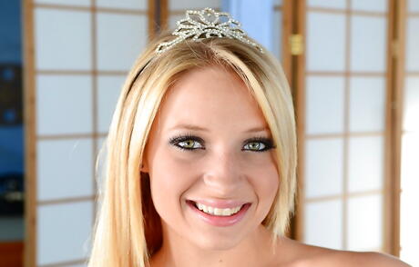 Sylphlike american pornstar Alyssa Branch in fancy skirt reveals small tits and butt 